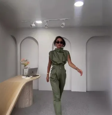 Shoulder Slimming Waist-slimming Belt Decoration Blouse And Pants - Army Green