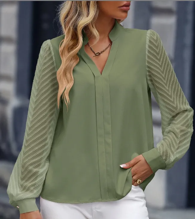 V-neck Long-sleeved Chiffon Shirt Lace Stitching Solid Color Tops Women Clothing - Olive