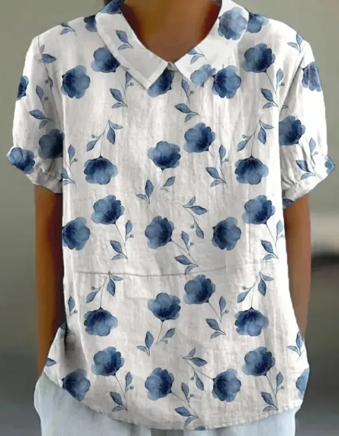 Women's Summer Printing Lapel Short-sleeved T-shirt - Style 14-Xxl