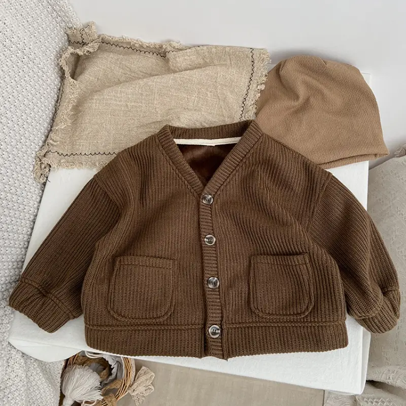 Children's Fleece-Lined Knit Cardigan Sweater V-Neck Thermal Coat