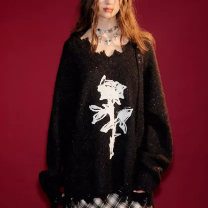 Thick Gentle Rose Embroidered V neck Sweater Black - Shop at LoveMi