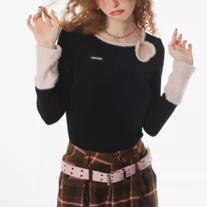 Design Sense American Retro Hollow Out Bottoming Sweater Black - Shop at LoveMi