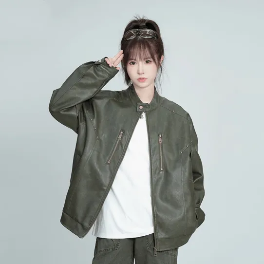 Spring And Autumn American Pu Shuai Street Rivet Retro Distressed Leather Jacket Green - Shop at LoveMi