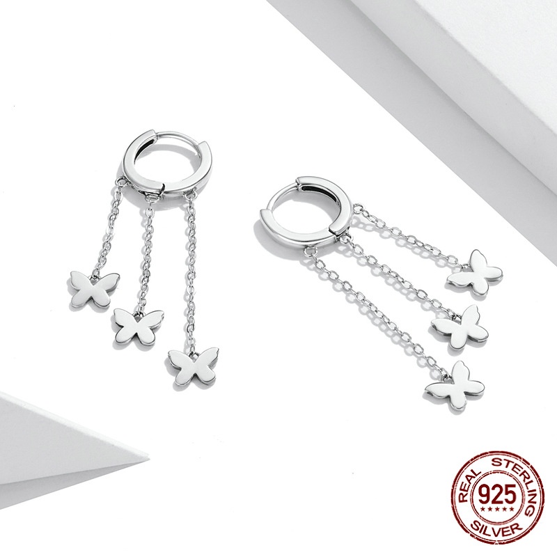 Long Fashion Sterling Silver Tassel Butterfly Stud Earrings