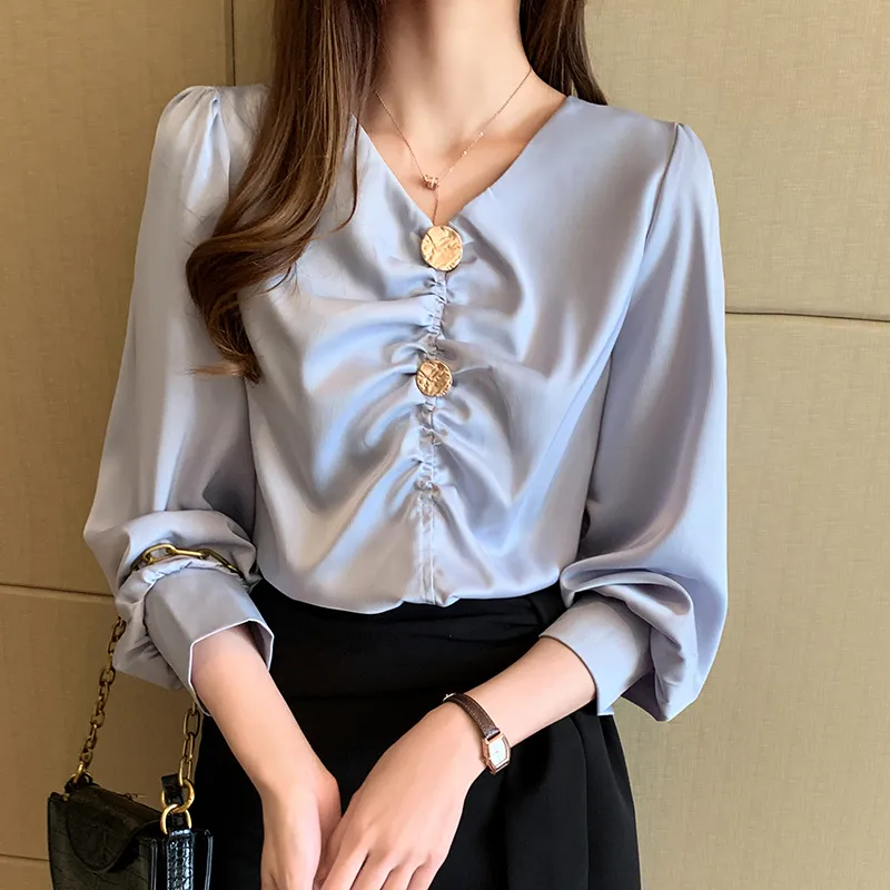 Temperament Shirt Women's Long-sleeved V-neck Top - Blue