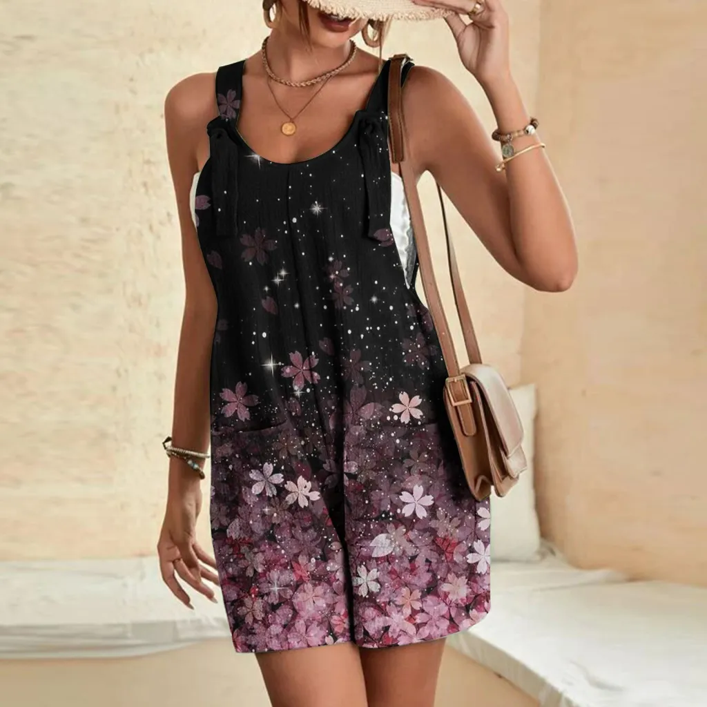 Printed Casual Fashion Suspenders Pants Women - Pink Flower