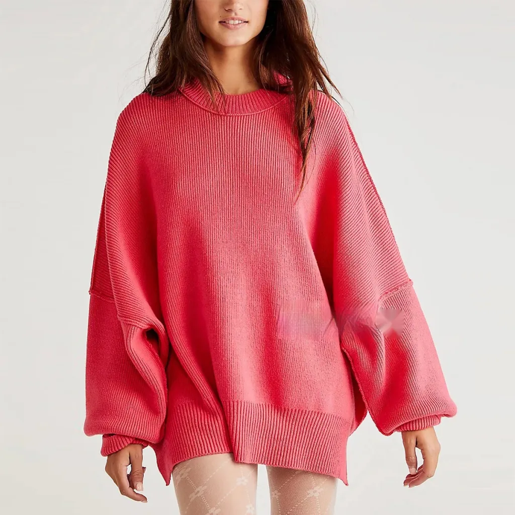 European And American Loose Pullover Sweater Fashion Long Sleeve Split Round-neck Women's Sweater - Red