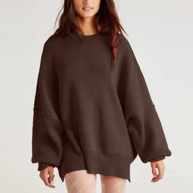 European And American Loose Pullover Sweater Fashion Long Sleeve Split Round neck Women's Sweater Brown - Shop at LoveMi