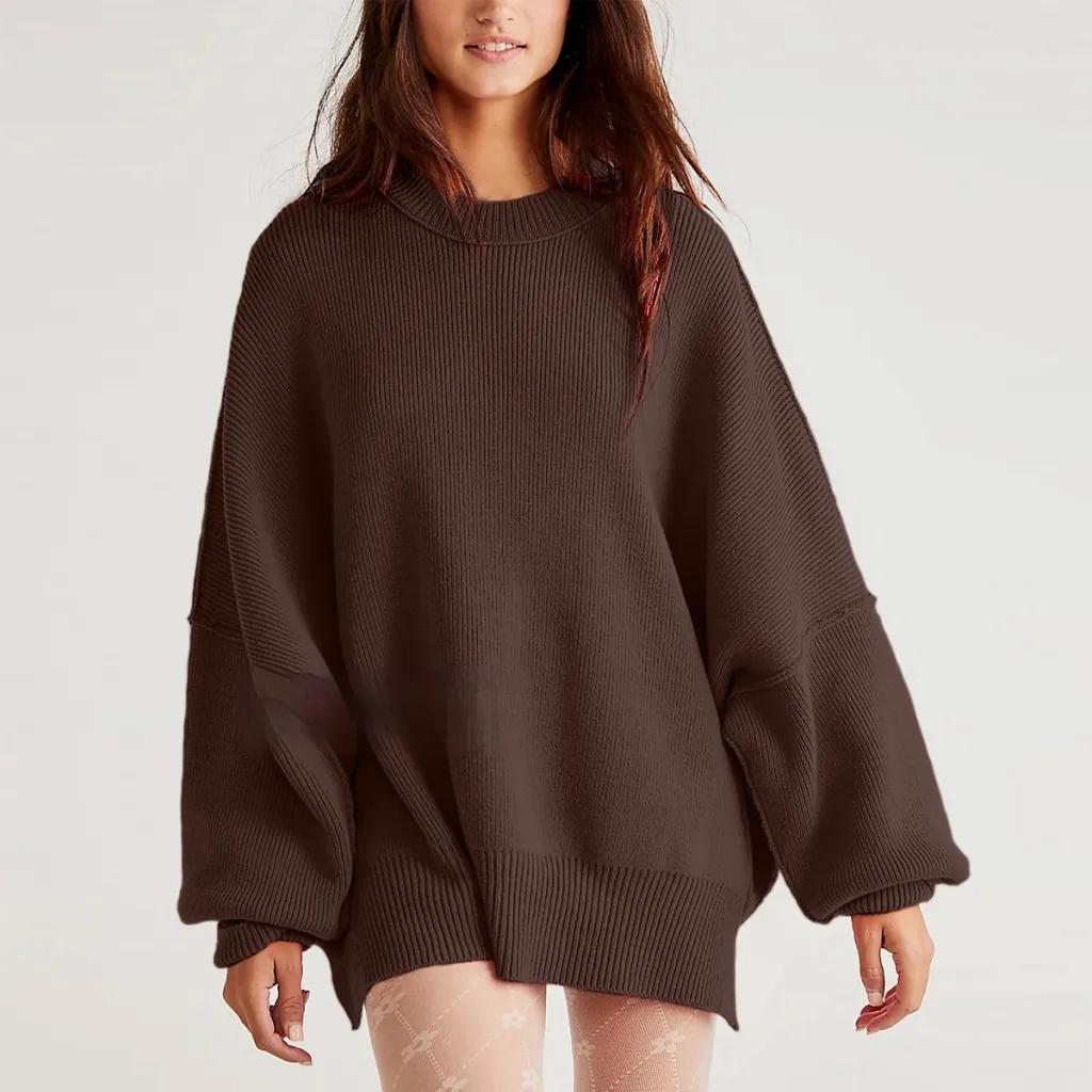 European And American Loose Pullover Sweater Fashion Long Sleeve Split Round-neck Women's Sweater - Brown
