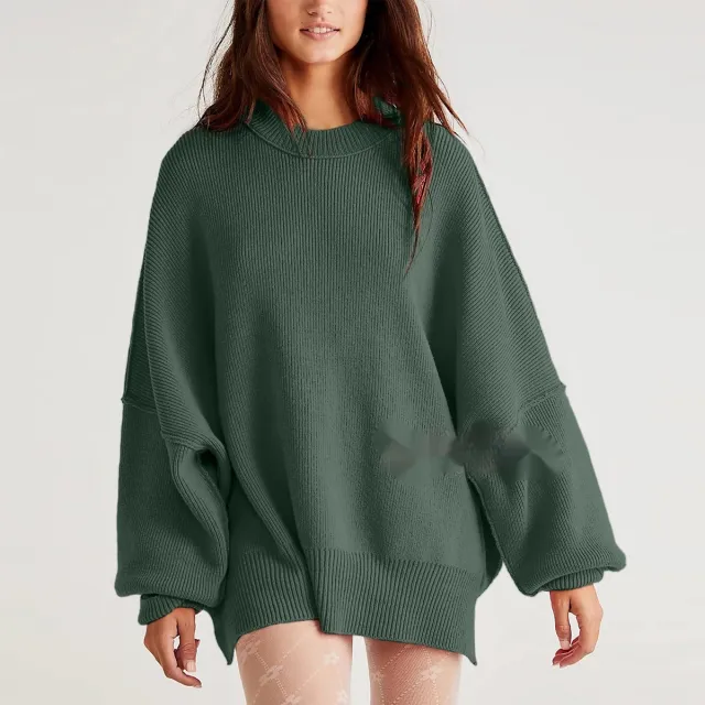 European And American Loose Pullover Sweater Fashion Long Sleeve Split Round neck Women's Sweater Wood Green - Shop at LoveMi