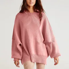 European And American Loose Pullover Sweater Fashion Long Sleeve Split Round-neck Women's Sweater - Hot Pink - View 1