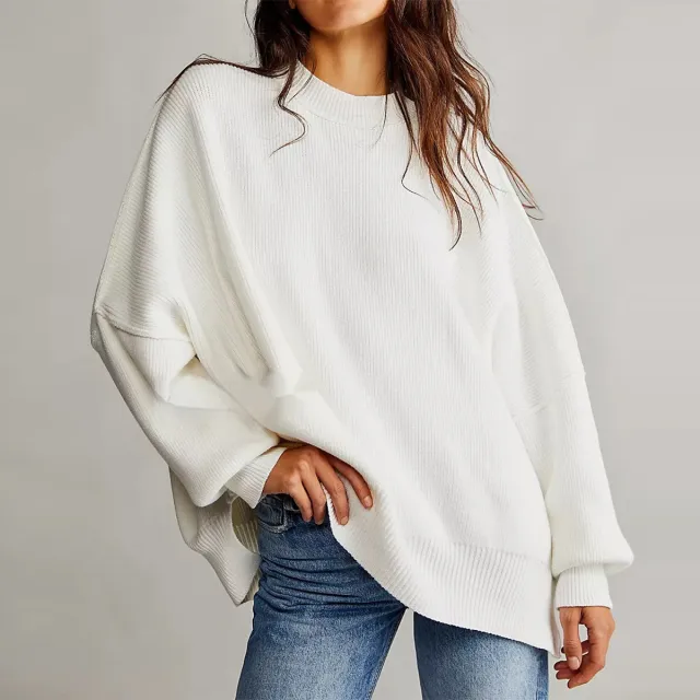 European And American Loose Pullover Sweater Fashion Long Sleeve Split Round neck Women's Sweater White - Shop at LoveMi