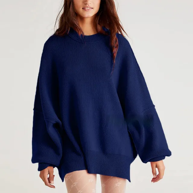European And American Loose Pullover Sweater Fashion Long Sleeve Split Round neck Women's Sweater Dark Blue - Shop at LoveMi