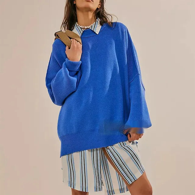 European And American Loose Pullover Sweater Fashion Long Sleeve Split Round neck Women's Sweater Blue - Shop at LoveMi