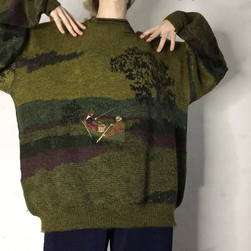 Retro Pickles Green Round-neck Loose Sweater Women's Sweater - Pickles Green