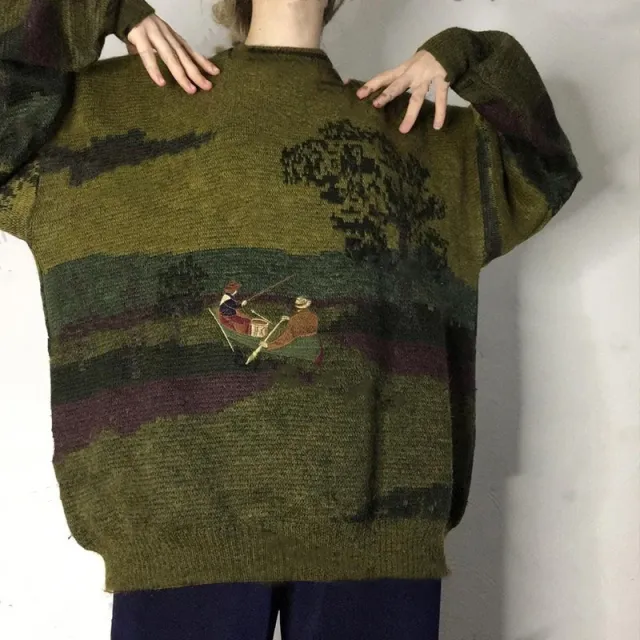 Retro Pickles Green Round neck Loose Sweater Women's Sweater Pickles Green - Shop at LoveMi