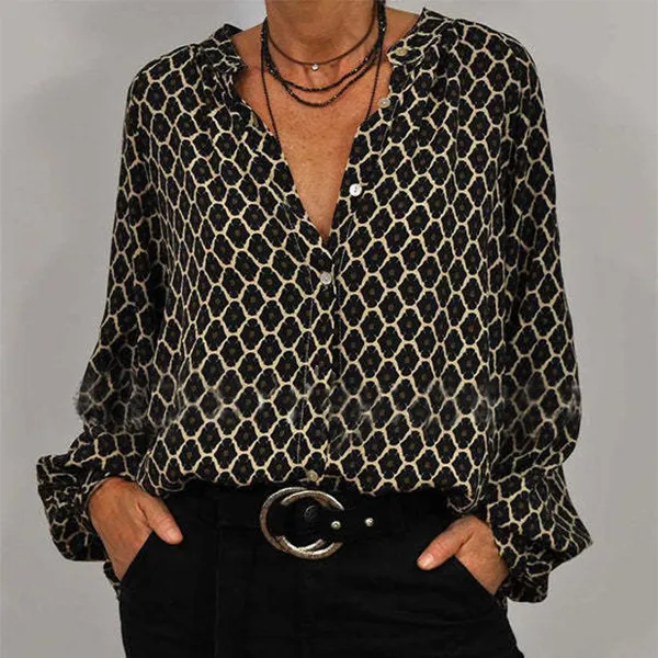 Fashion Lozenge Print V-Neck Shirt Casual Loose Long Sleeve Top Women's Clothing - 1 Style-Xxxl
