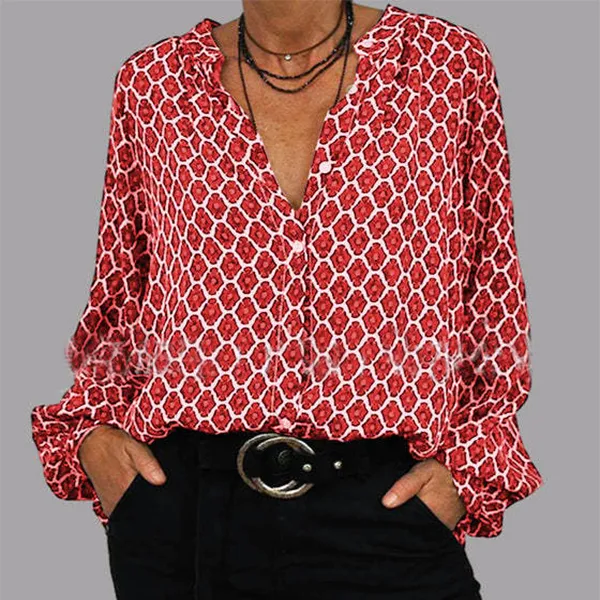 Fashion Lozenge Print V-Neck Shirt Casual Loose Long Sleeve Top Women's Clothing - 3 Style-M
