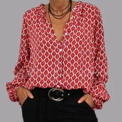 Fashion Lozenge Print V-Neck Shirt Casual Loose Long Sleeve Top Women's Clothing - 3 Style - View 1