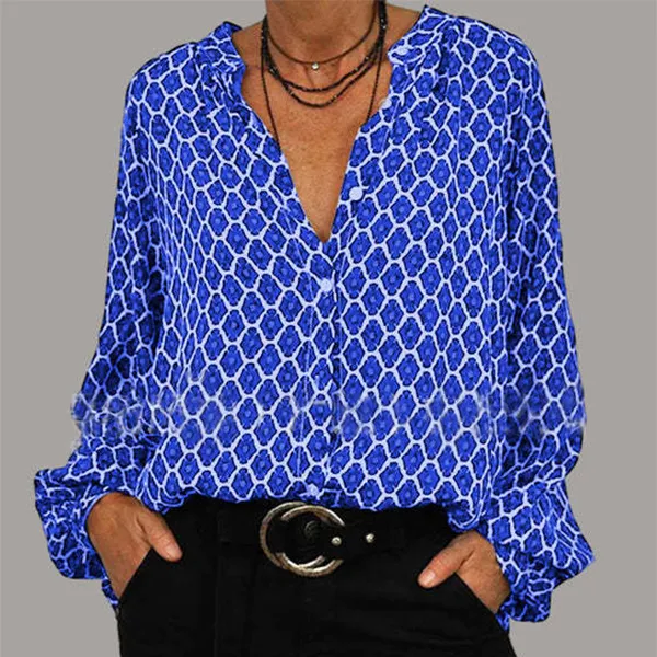 Fashion Lozenge Print V-Neck Shirt Casual Loose Long Sleeve Top Women's Clothing - 2 Style-Xxl