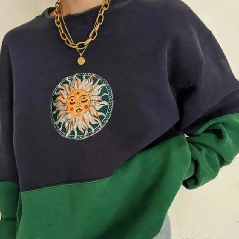 Retro Navy Blue Stitching Embroidery Hoodless Sweater - Navy