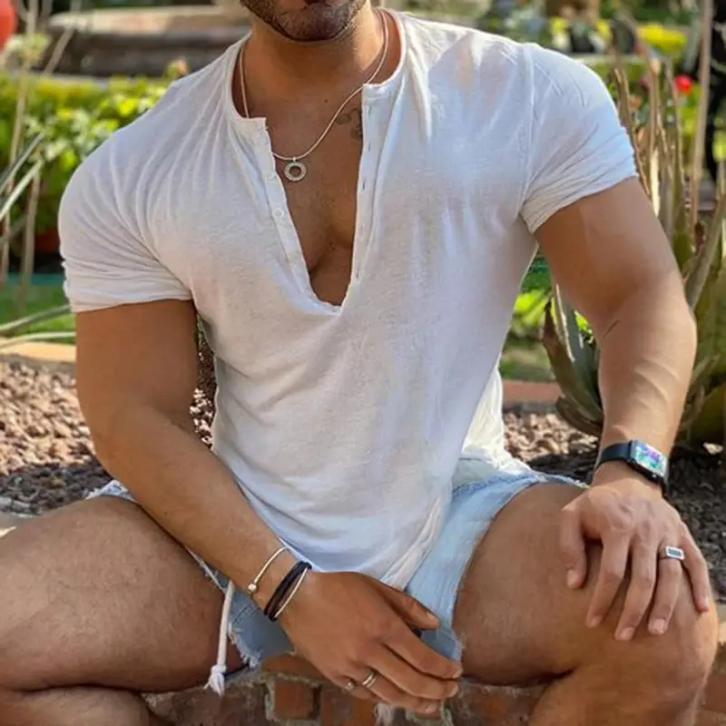 Fashion V-neck Casual Solid Color Men's Short Sleeve