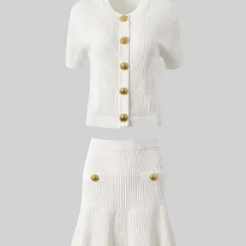 New Round Neck Metal Button Knitted Top Mid length Dress Set Set B - Shop at LoveMi
