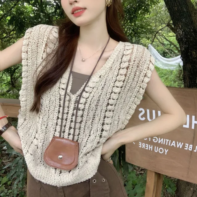 Hollow out Crocheted Sleeveless Outerwear Bandage Dress Knitwear Apricot - Shop at LoveMi