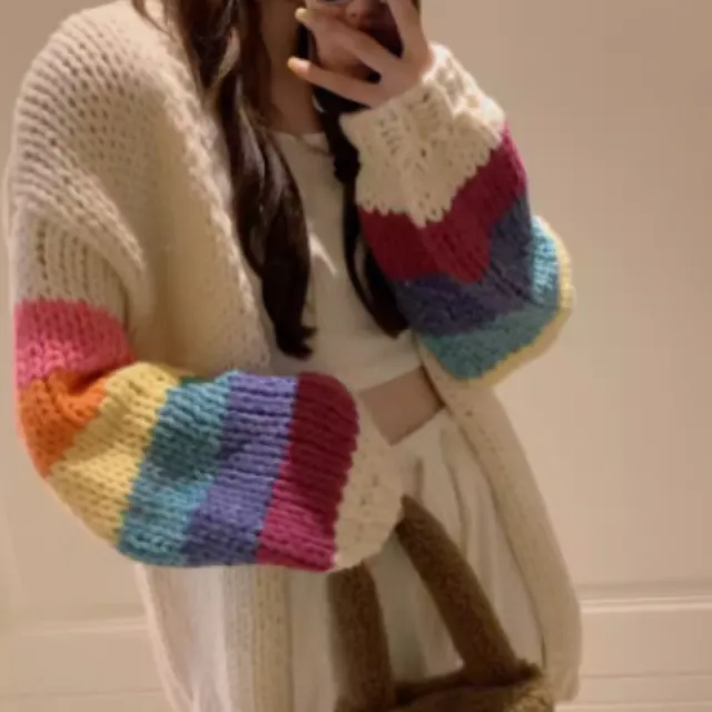 Colorful Rainbow Chaoshan Sweater Soft Sticky Cardigan For Women Rainbow - Shop at LoveMi
