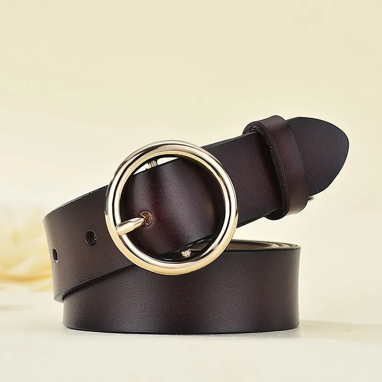 Women's Leather Belt All Match Round Buckle - Coffee