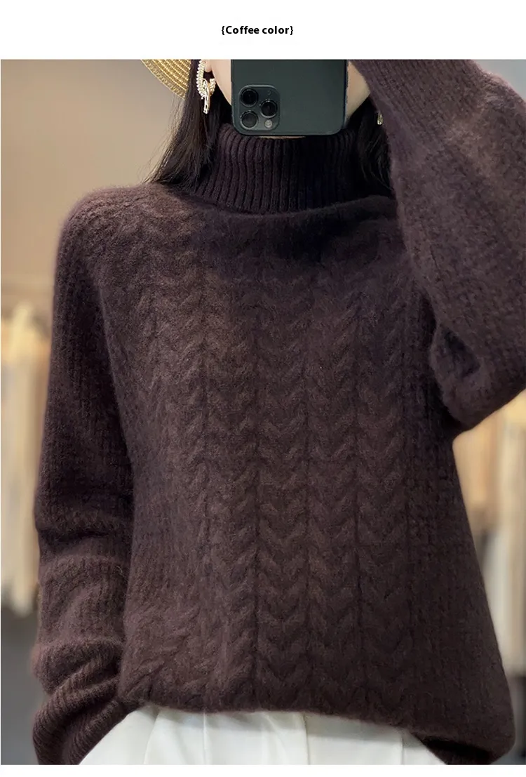 Half-high Collar Inner Match Loose Twist Cashmere Knitted Top - Brown