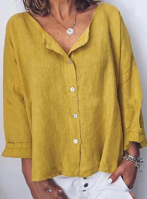 Women's Casual Round Neck Shirt With Solid Color Buckle Yellow - Shop at LoveMi