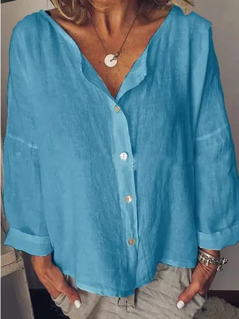 Women's Casual Round Neck Shirt With Solid Color Buckle Blue - Shop at LoveMi