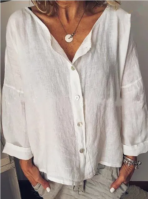 Women's Casual Round Neck Shirt With Solid Color Buckle White - Shop at LoveMi