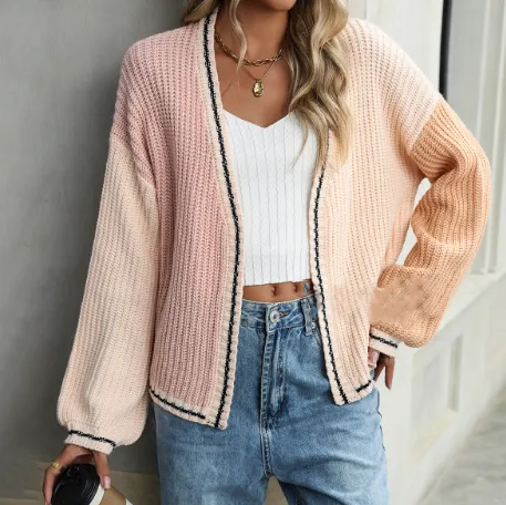 Temperament Commute Loose Stitching Women's Knitted Cardigan Coat - Pink