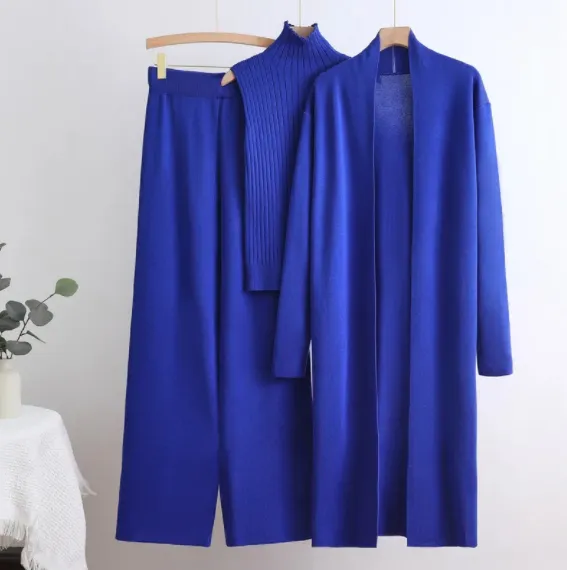 Elastic Waist Wide Leg Pants Knit Three Piece Set Blue - Shop at LoveMi