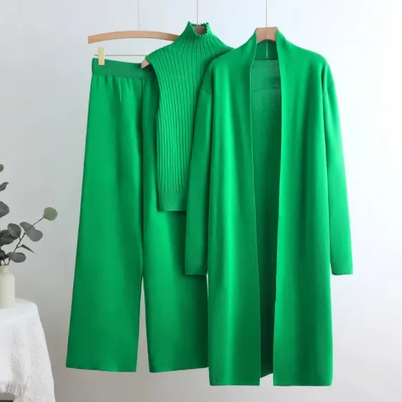 Elastic Waist Wide Leg Pants Knit Three Piece Set Green - Shop at LoveMi