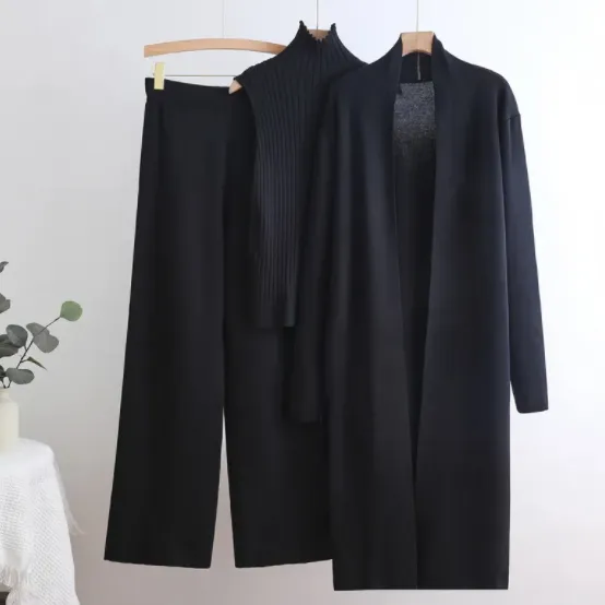 Elastic Waist Wide Leg Pants Knit Three Piece Set - Black
