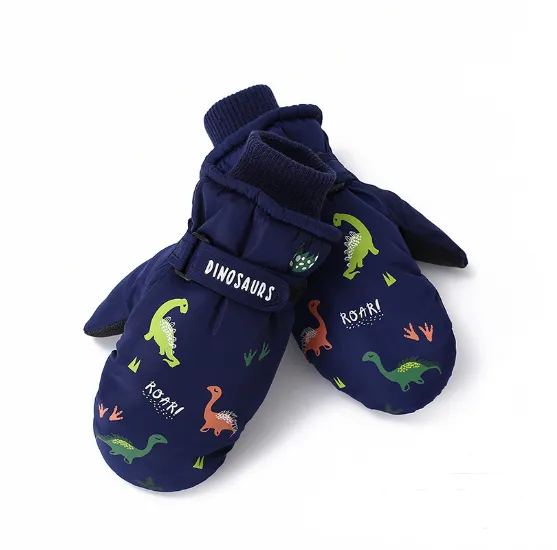 Creative Ski Gloves Cartoon Little Dinosaur Fleece lined Warm Navy Blue - Shop at LoveMi