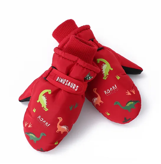 Creative Ski Gloves Cartoon Little Dinosaur Fleece lined Warm Red - Shop at LoveMi