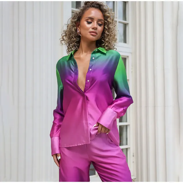Loose Printed Long Sleeve Shirt Casual Fashion Two piece Suit Purple Green - Shop at LoveMi