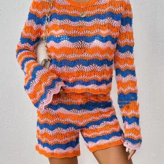 Stitching Home Knitwear Loose Colour Round Neck Striped Sweater For Women - Orange - View 1