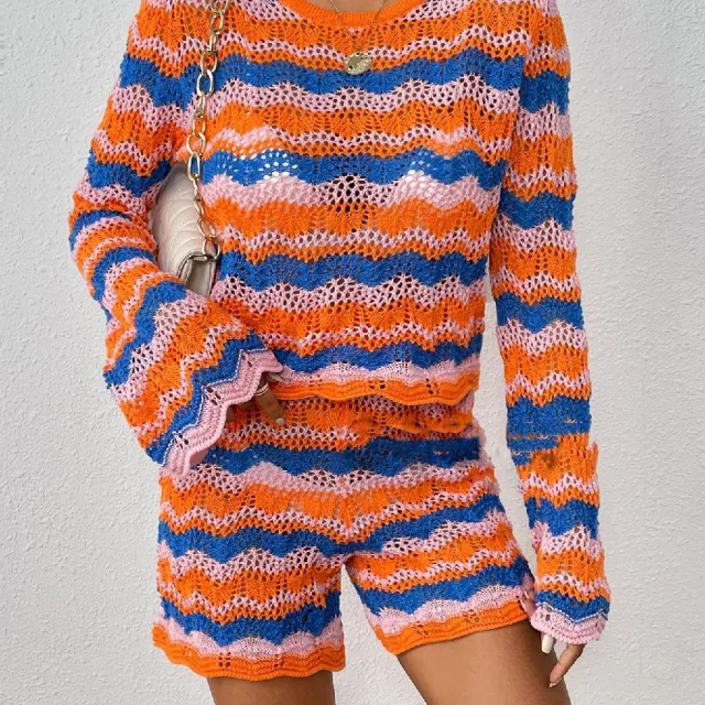 Stitching Home Knitwear Loose Color Round Neck Striped Sweater For Women Orange - Shop at LoveMi