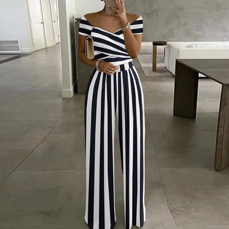 European And American Fashion Off-shoulder Printed Temperament Commute Casual High Waist Jumpsuit Women - Stripes