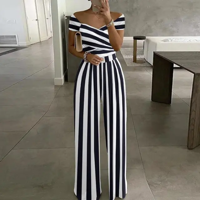 European And American Fashion Off shoulder Printed Temperament Commute Casual High Waist Jumpsuit Women Stripes - Shop at LoveMi