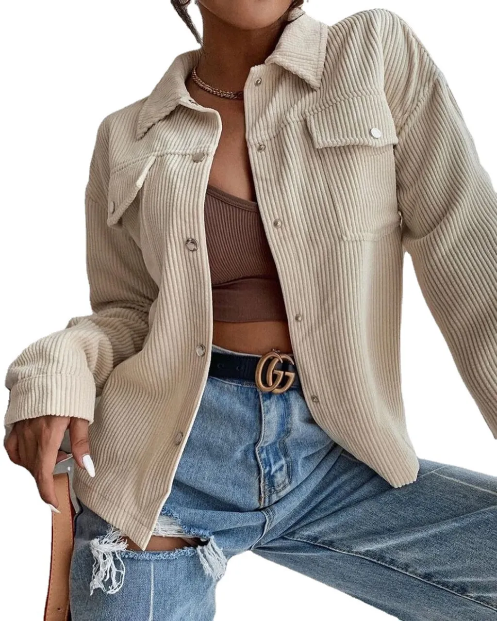 Shiying Simple Style Niche Corduroy Lapels Single-breasted Solid Color Shirt Jacket - Apricot