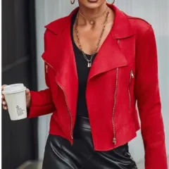European And American Fashion Women's Wear Suede Motorcycle Jacket - Red - View 1