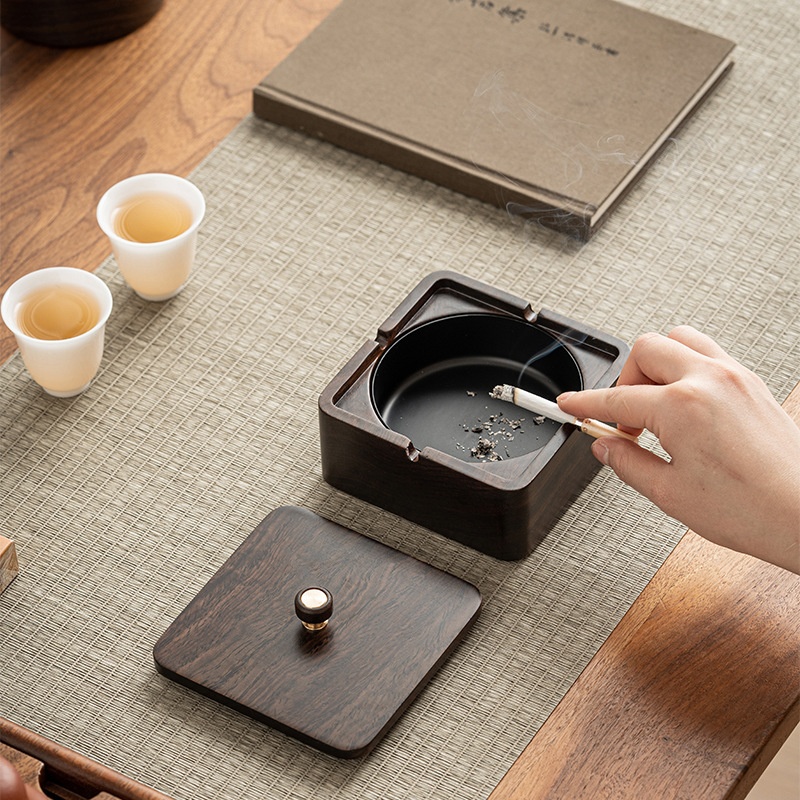 Title 7, Ebony Solid Wood Ashtray Large With Lid. Stylis...