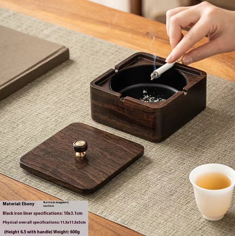 Title 3, Ebony Solid Wood Ashtray Large With Lid. Stylis...