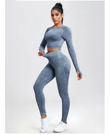 Quick drying Seamless Washing Yoga Exercise Long Sleeve Trousers Suit Denim Blue - Shop at LoveMi